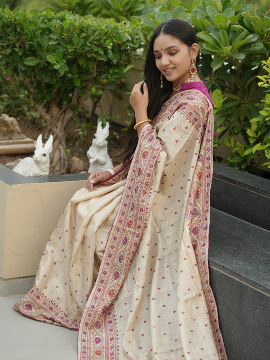 Beige Pure Tussar Silk Saree With Embroidery