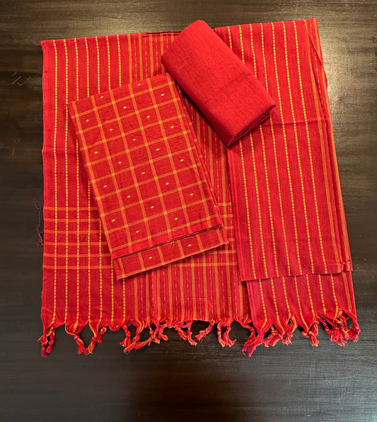 Maroon Checkered Handloom Cotton Suit