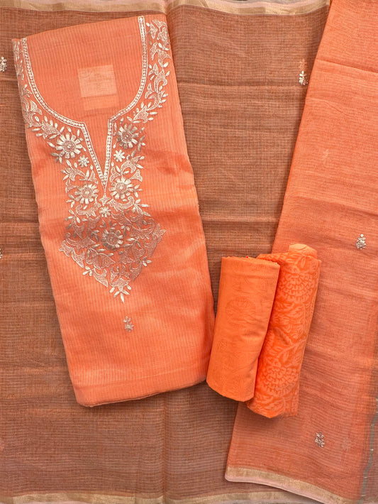 Orange 4-Piece Kota Doria Cotton Unstitched Suit