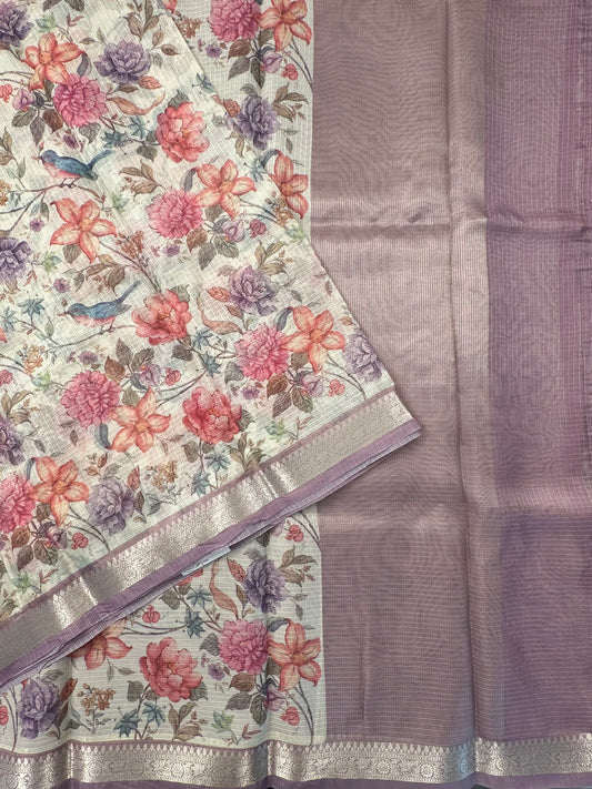 Off White-Mauve Floral Kota Doria Saree