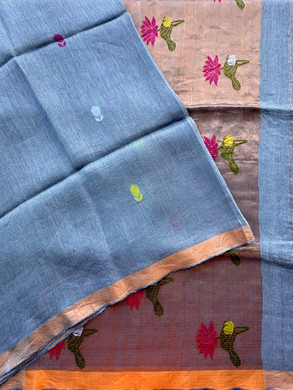 Firozi Fancy Cotton Tissue Saree ( Linen Texture)