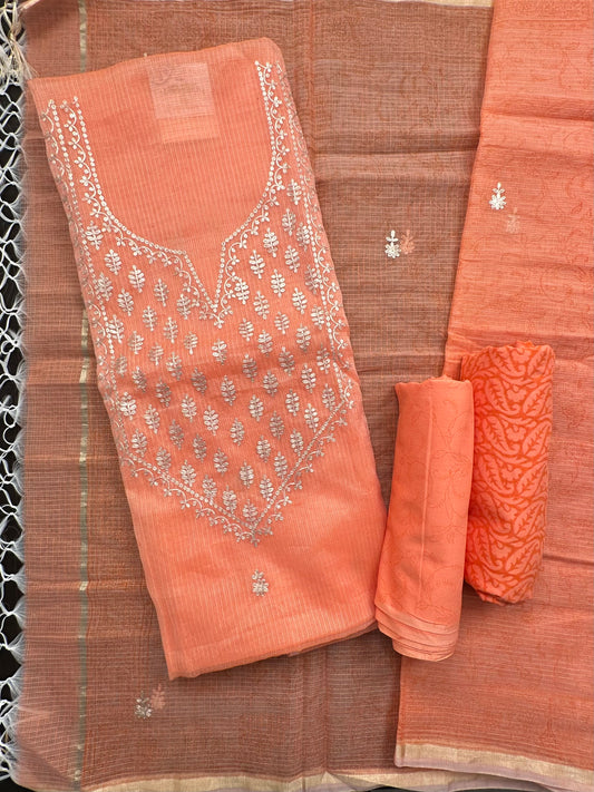 Peach 4-Piece Kota Doria Cotton Unstitched Suit