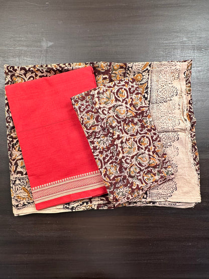 Red Mangalgiri Cotton Unstitched 3-Piece Suit