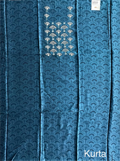 Navy Blue Chanderi Hand Block Printed 3-Piece Unstitched Suit