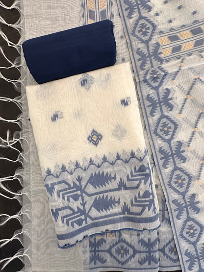 Off White-Blue Jacquard Unstitched Cotton Suit