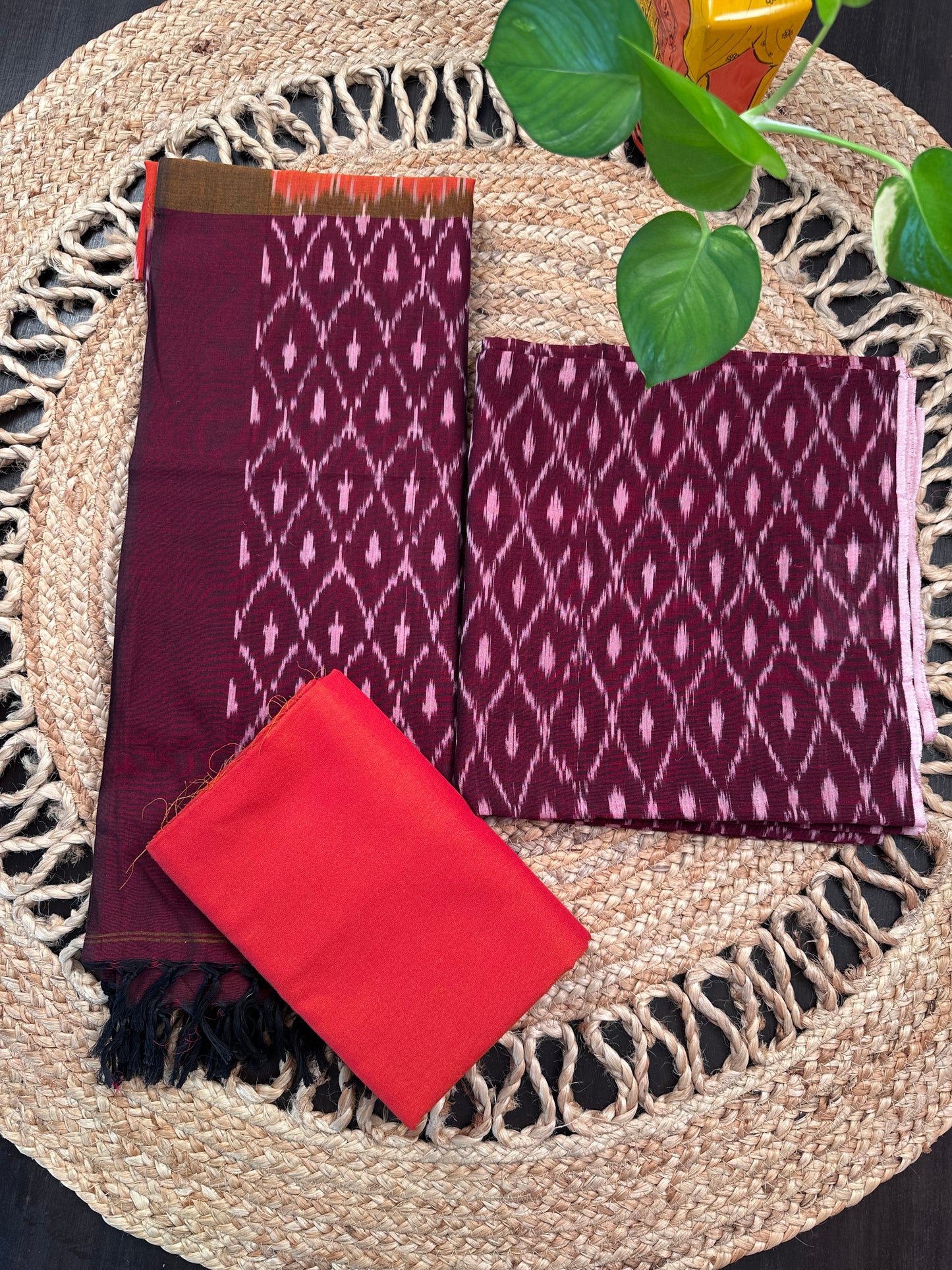 Maroon Ikkat Handloom Cotton Unstitched 3-Piece Suit