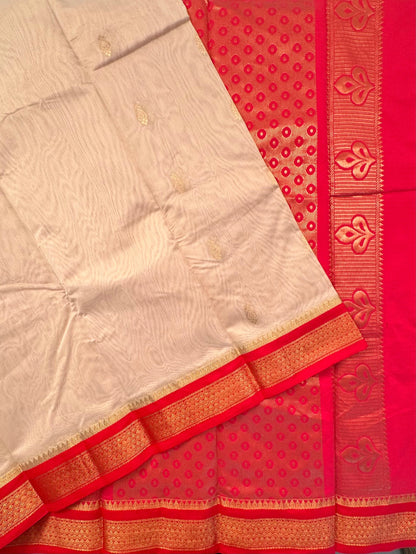 Beige-Red Pure Cotton Saree