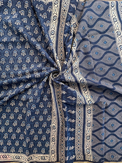 Indigo Blue Block Print Cotton Blend Saree