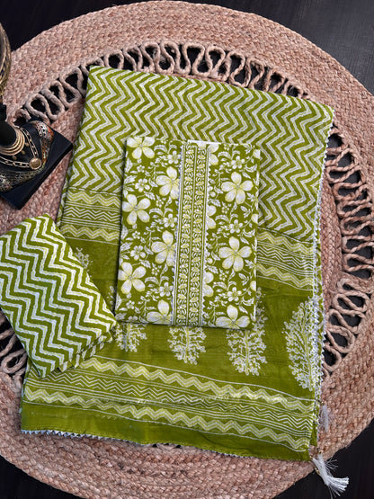 Mehendi Green Jaipuri Necktie Cotton 3-Piece Suit