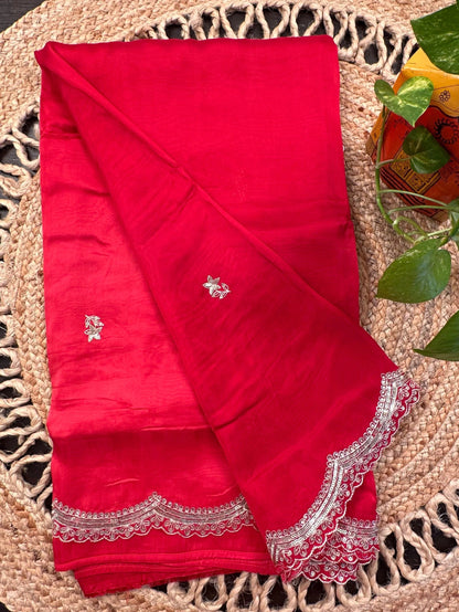 Red Artificial Crepe Saree With Hand Work