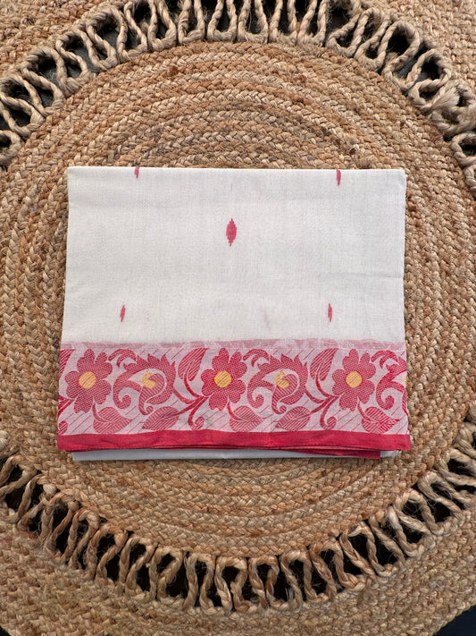White Red Doodh Aalta Pure Cotton Saree