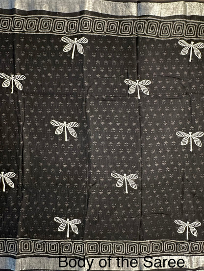 Black Printed Linen Saree