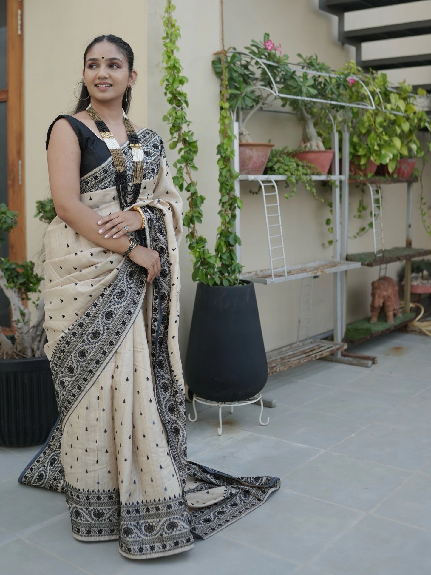 Beige Pure Tussar Silk Saree With Embroidery