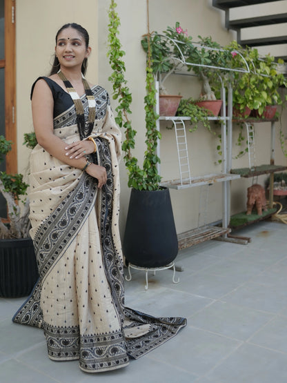 Beige Pure Tussar Silk Saree With Embroidery