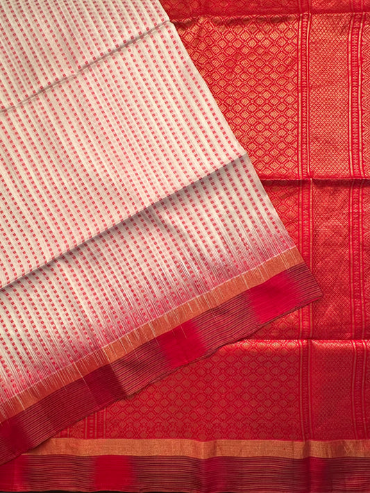 Off White-Red Pure Handloom Soft Silk Saree