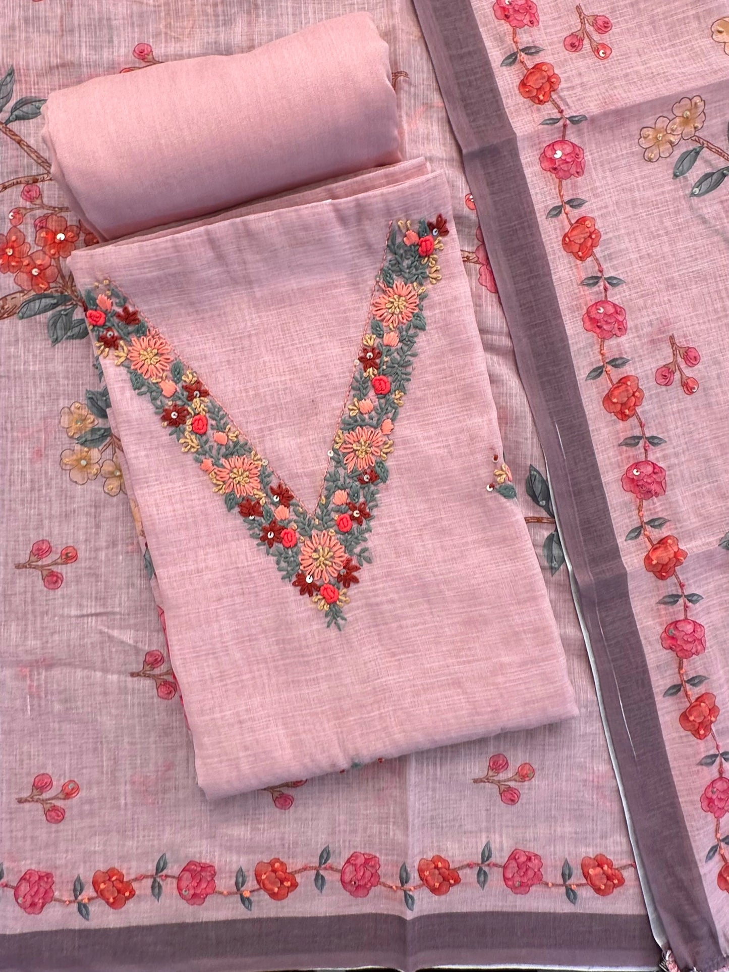 Pink Hand Embroidery Fancy Cotton Suit