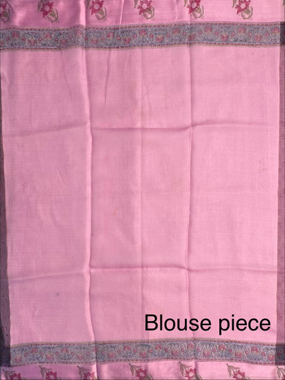 Pink Hand Block-Print Pure Kota Doria Silk Saree