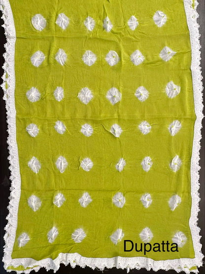 Parrot Green Batik Bandhini Hand Tie-Dye Pure Cotton 3-Piece Unstitched Suit