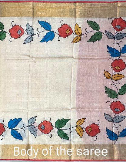 Off-White Floral Print Tussar Silk Saree