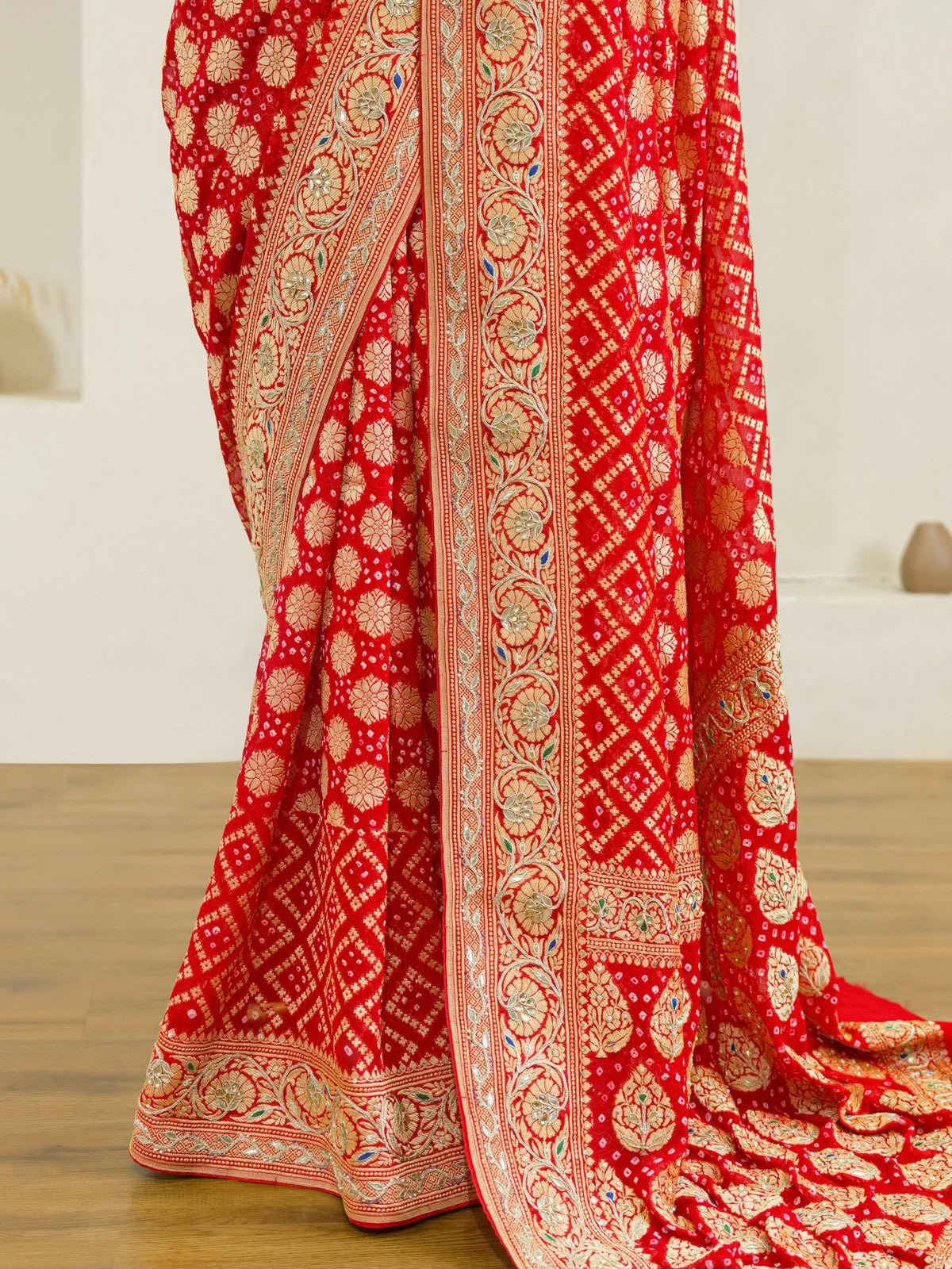 Red Pure Georgette Gharchola Bandhej With Hand Work Saree