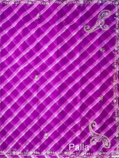 Purple Kyra Leheriya Kota Doria Pure Silk Saree With Gota Patti Work