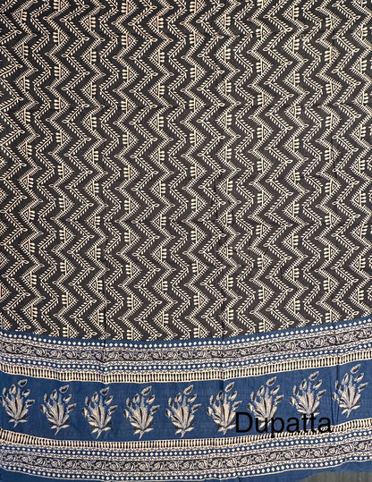 Navy Blue Printed Cotton 3-Piece Suit