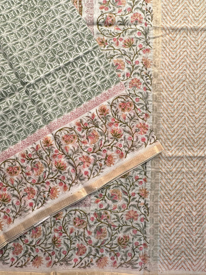 Off White - Grey Block Printed Kota Doria