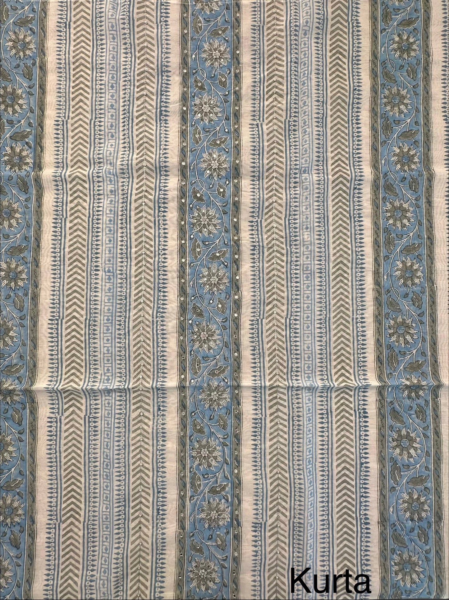 Off White-Blue Hand Block Printed Chanderi 3-Piece Unstitched Suit with Aari Work