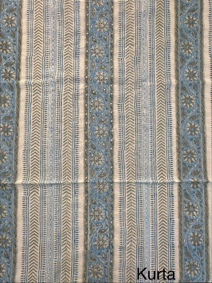 Off White-Blue Hand Block Printed Chanderi 3-Piece Unstitched Suit with Aari Work