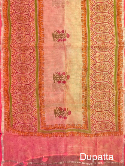 Peach 4-Piece Kota Doria Cotton Unstitched Suit