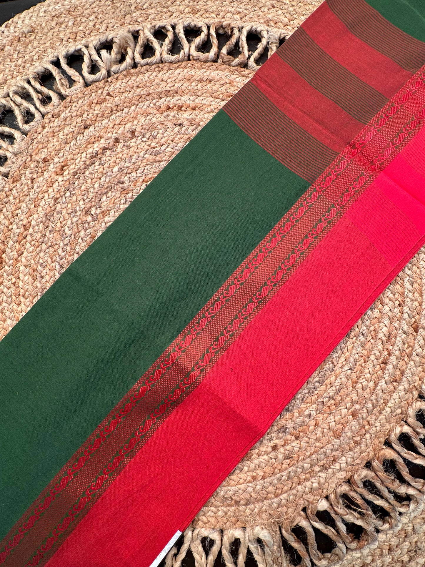 Green-Red Piku Bengal Cotton Saree