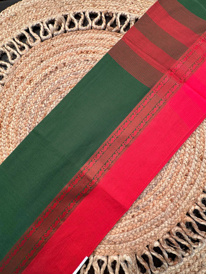 Green-Red Piku Bengal Cotton Saree