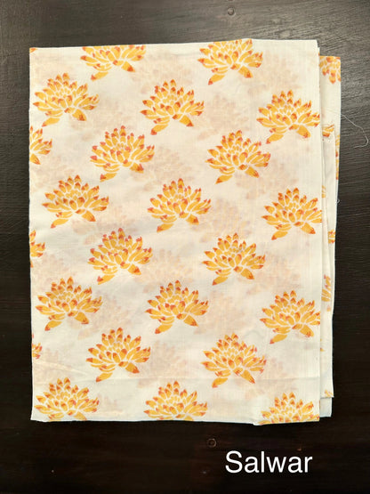 Off White-Mustard Hand Block Printed Chanderi 3-Piece Unstitched Suit with Aari Work