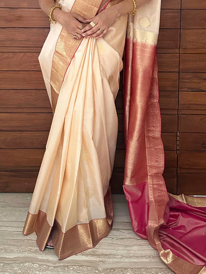 Cream Pondicherry Handloom Pure Silk Saree