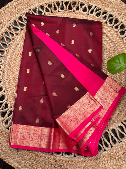 Maroon-Rani Pondicherry Pure Silk Saree