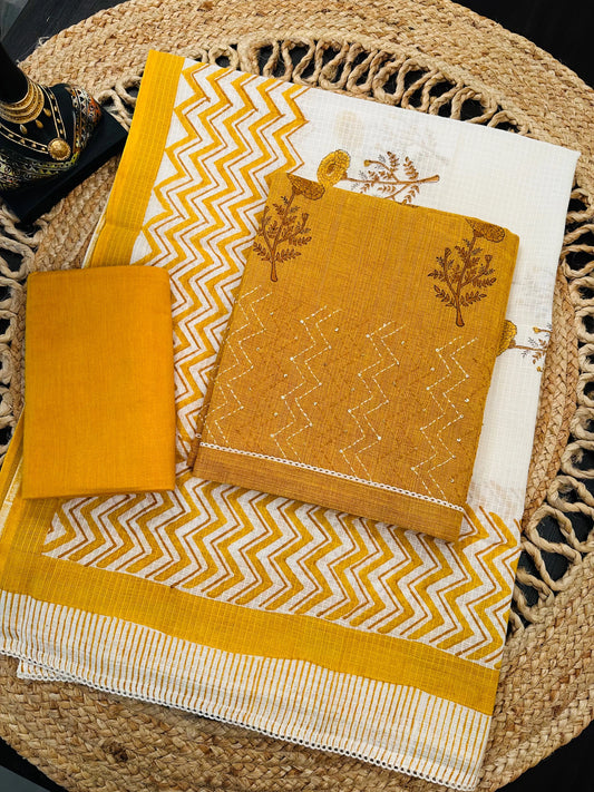 Mustard Jute Cotton 3-piece Unstitched Suit