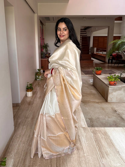 Off White-Golden Emboss Tissue Silk Saree