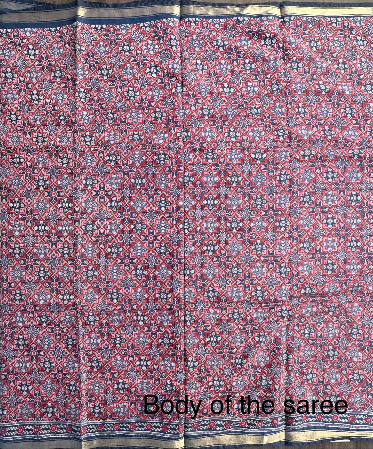 Navy Blue Ajrakh Print Cotton Blend Saree