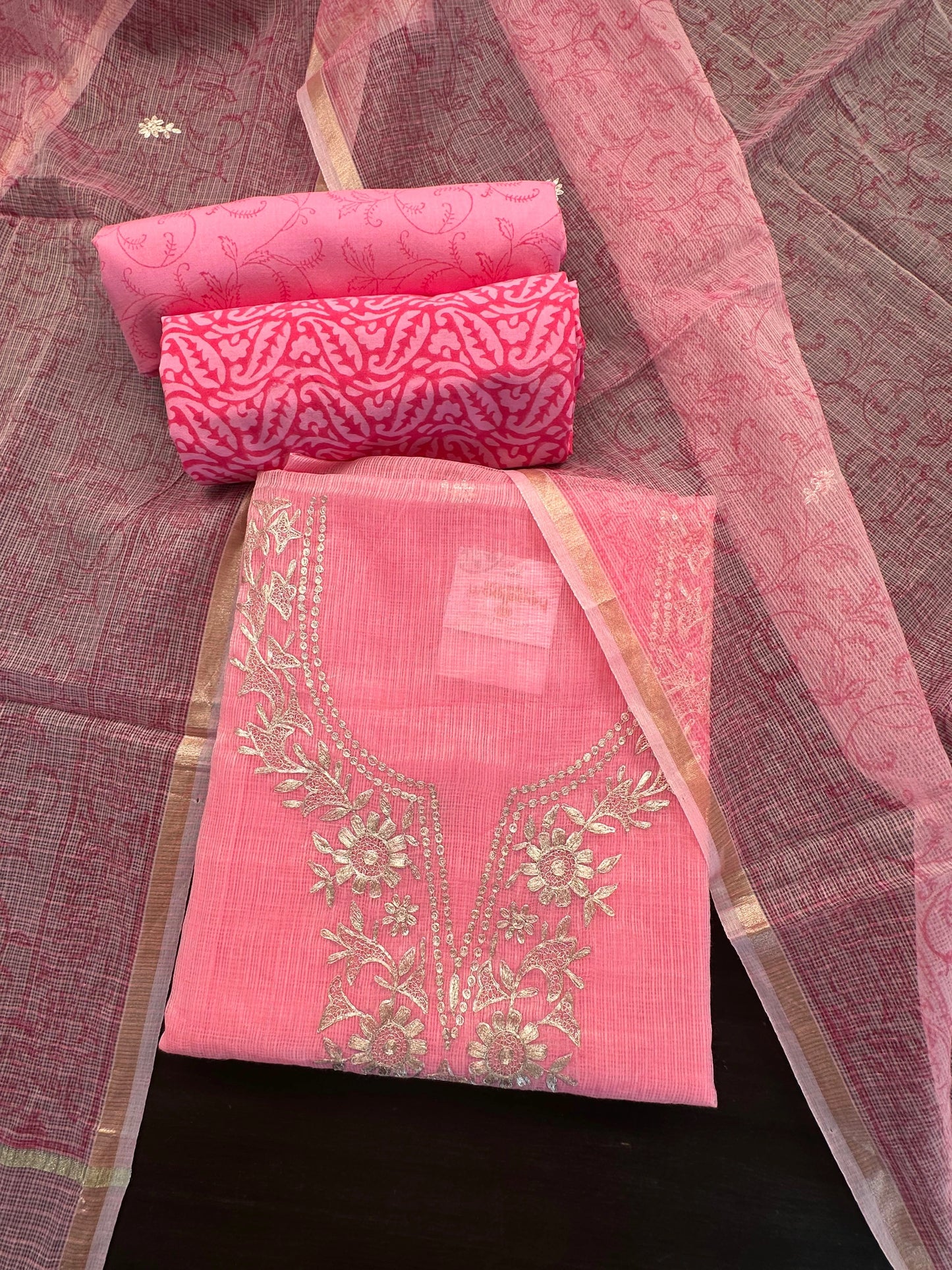 Pink 4-Piece Kota Doria Cotton Unstitched Suit