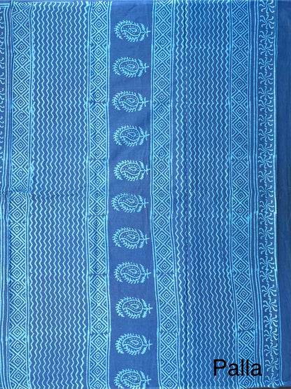 Blue Block Print Pure Cotton Saree