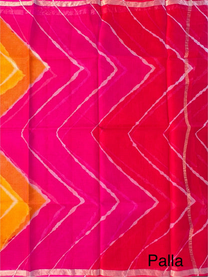 Yellow-Orange-Rani Leheriya Kota Doria Pure Silk Saree