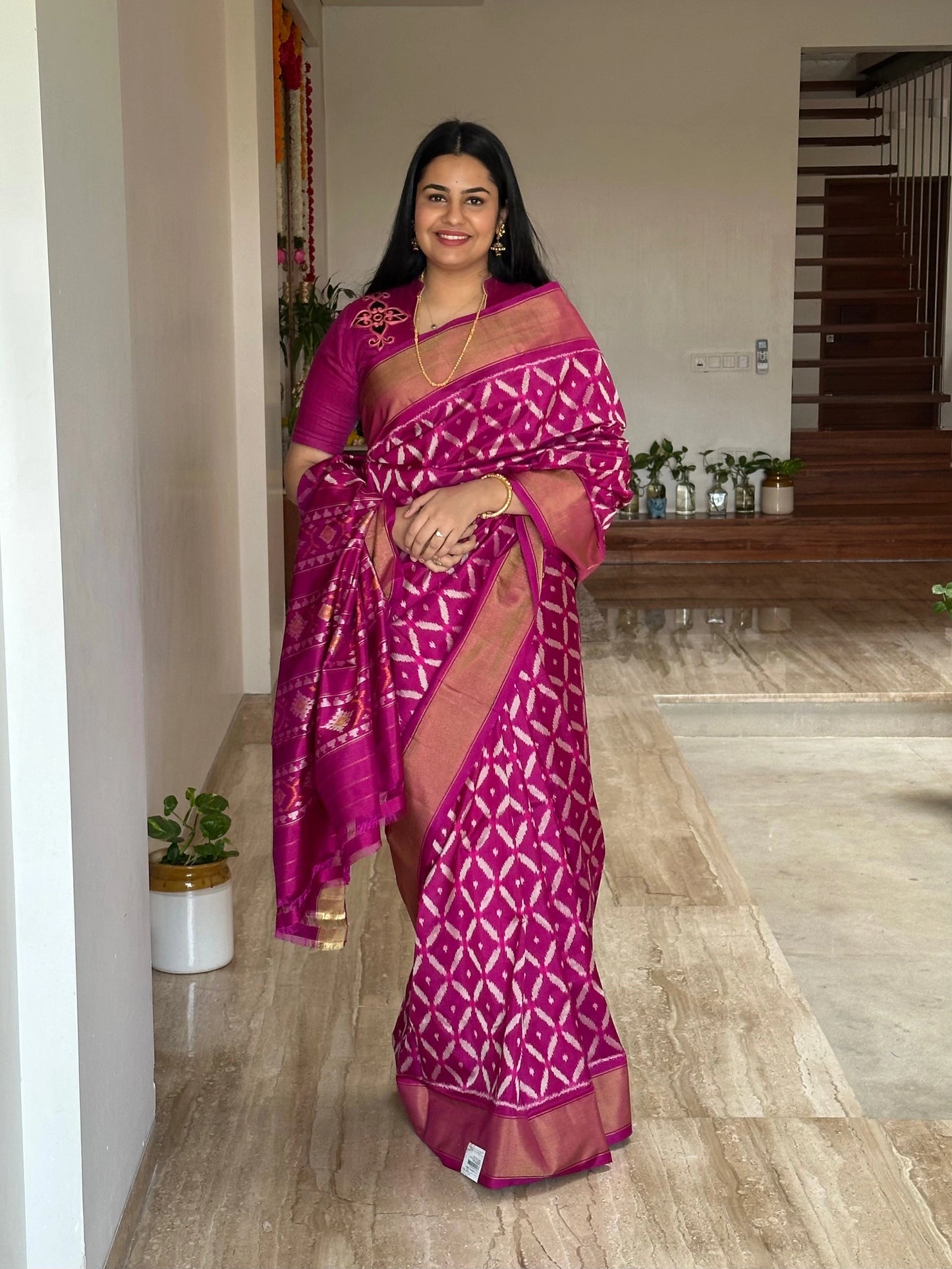 Magenta Ikkat Patola Handloom Silk Saree