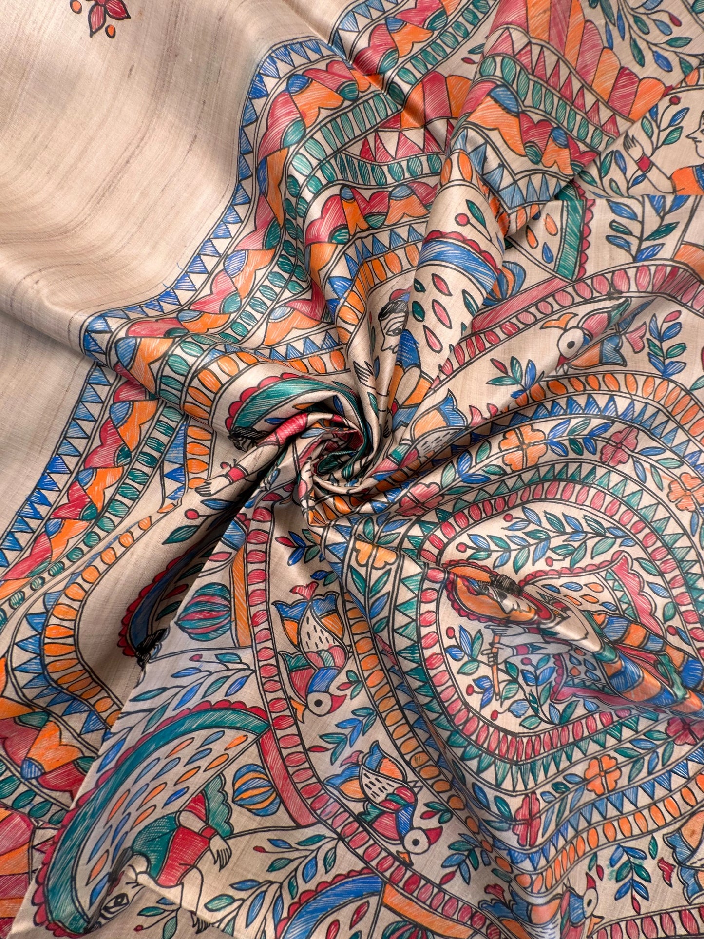 Beige Madhubani Art Pure Tussar Silk Saree