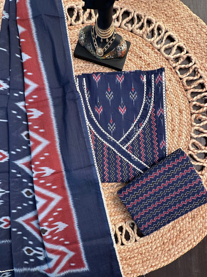 Navy Blue Angrakha Printed Cotton 3-Piece Suit