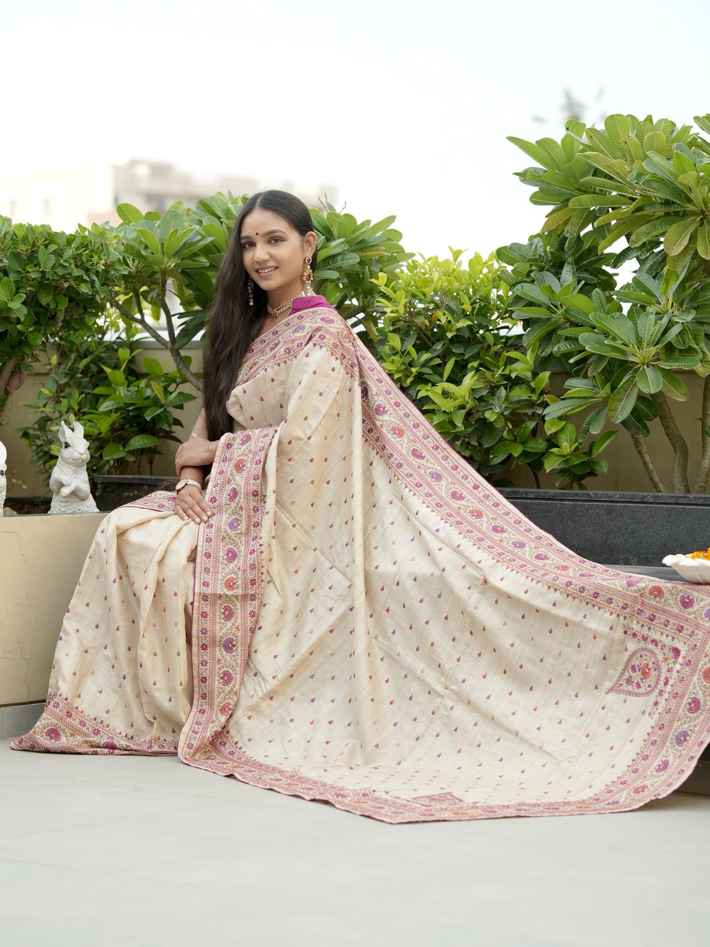 Beige Pure Tussar Silk Saree With Embroidery