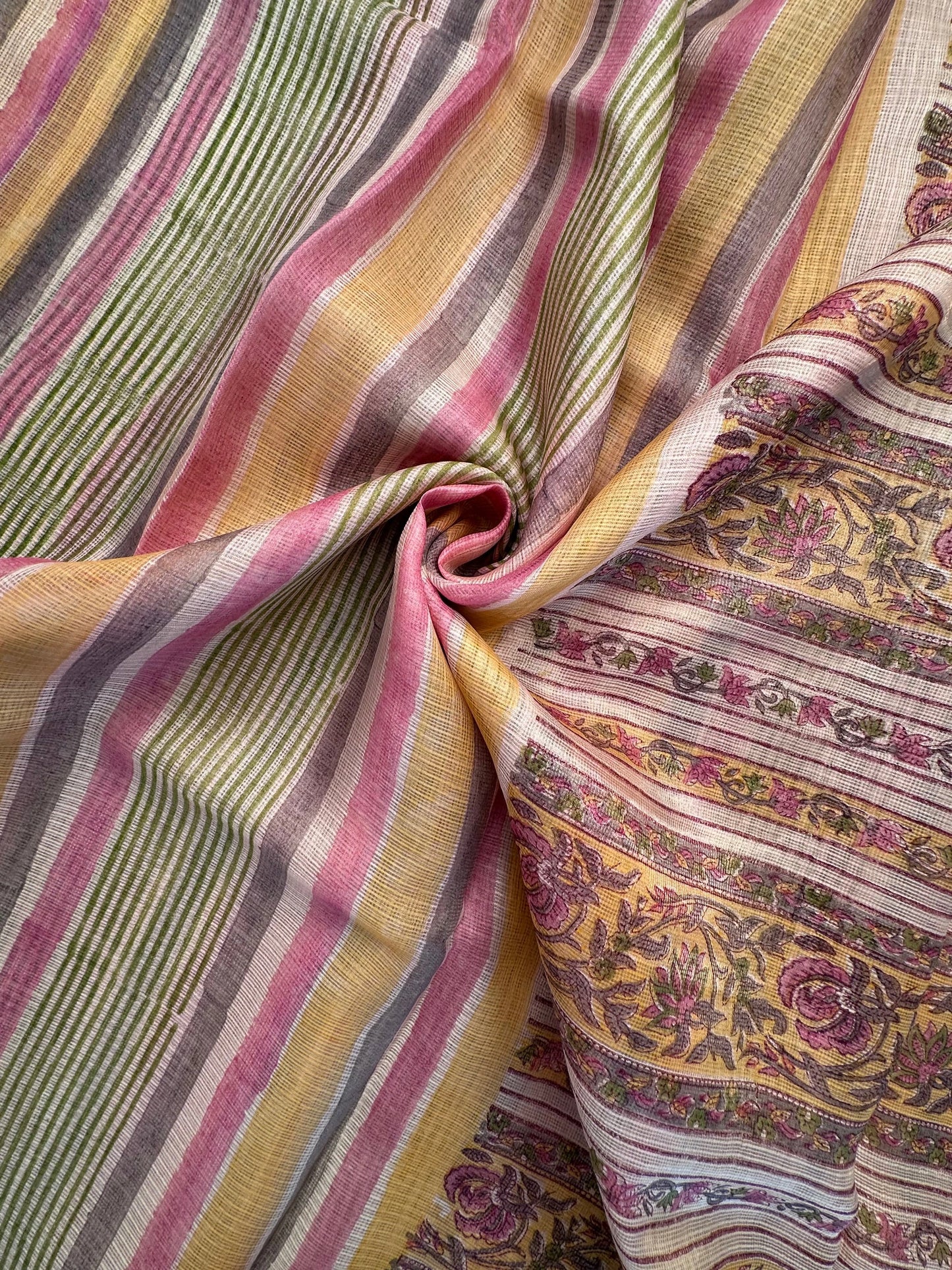 Peach-Multi Colour Hand Block-Print Pure Kota Doria Silk Saree