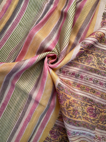 Peach-Multi Colour Hand Block-Print Pure Kota Doria Silk Saree