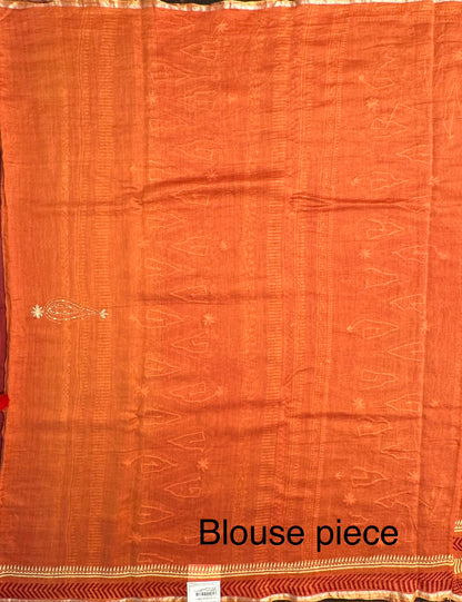 Rust-Maroon Block Print Chanderi Saree With Kaantha Stitches