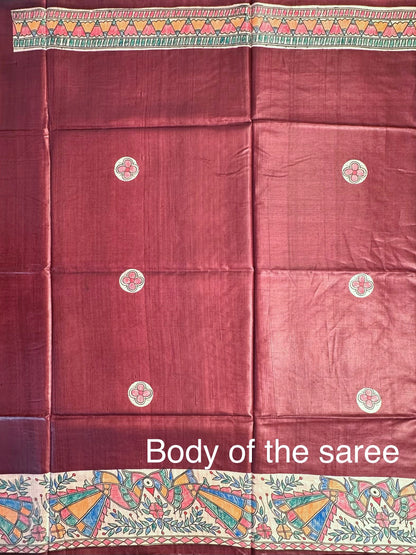 Maroon Madhubani Art Pure Tussar Silk Saree