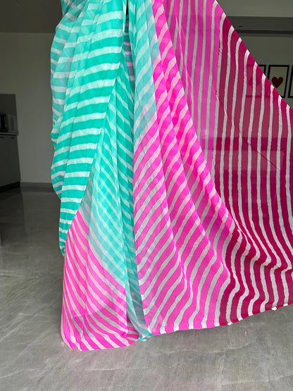 Sea Green-Pink-Rani Leheriya Pure Georgette Saree
